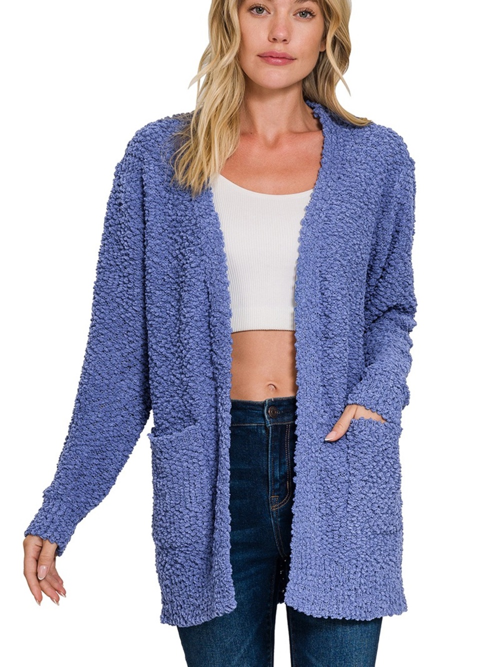 ZENANA MARLIN LONG SLEEVE POPCORN SWEATER CARDIGAN WITH POCKETS